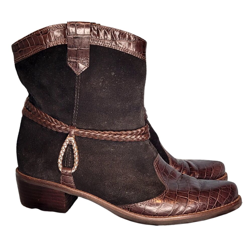 Vintage Brighton Leather Calf Boots Duo Black Suede/Brown Moc-Croc Womens 8.5